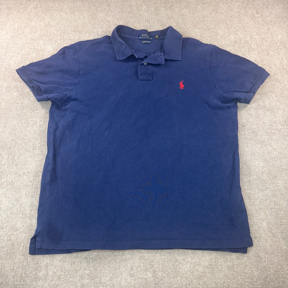 Polo Ralph Lauren Mens Custom Slim Fit Polo Shirt Navy Blue Red Pony Large